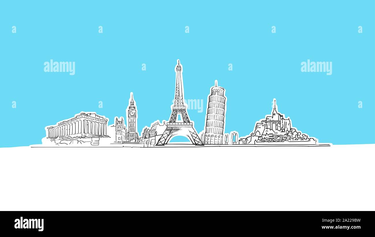 Famous Landmarks Lineart Vector Sketch And Drawn Illustration On Blue