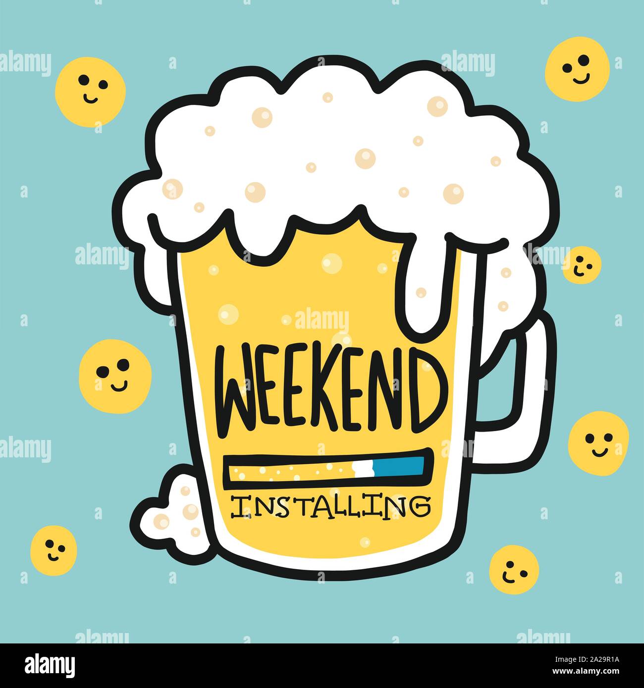 Weekend Installing Beer Cup With Smile Face Cartoon Doodle Vector