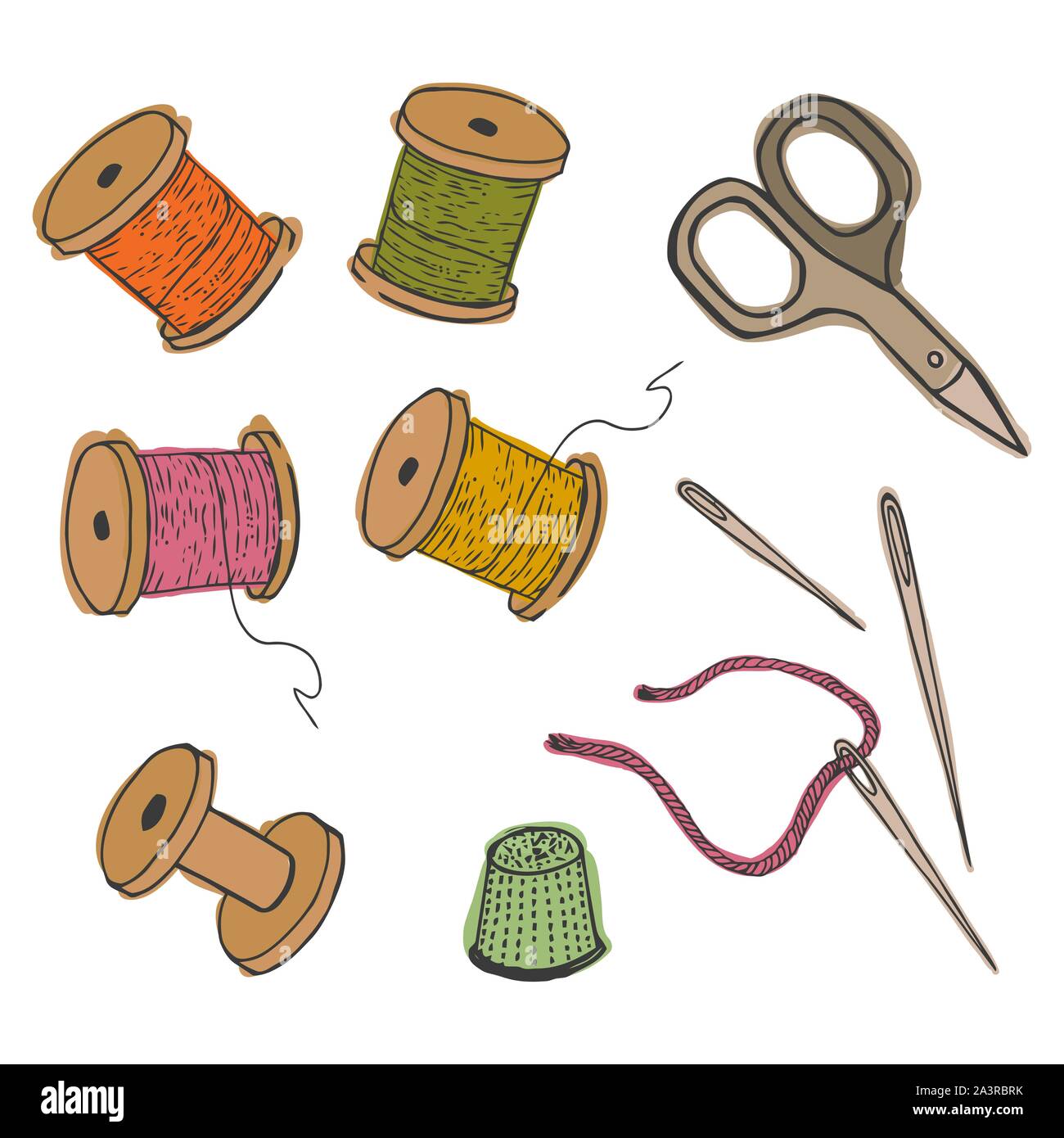 Threads Thimble Scissors Needles Sewing Items Set Vector