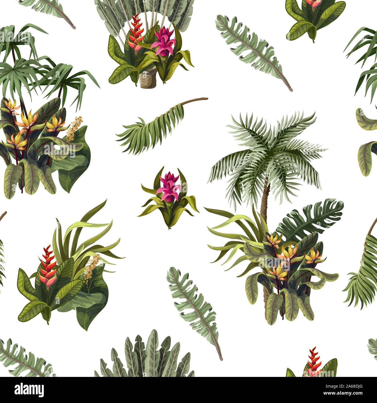 Seamless Pattern With Jungle Trees And Flowers Vector Stock Vector