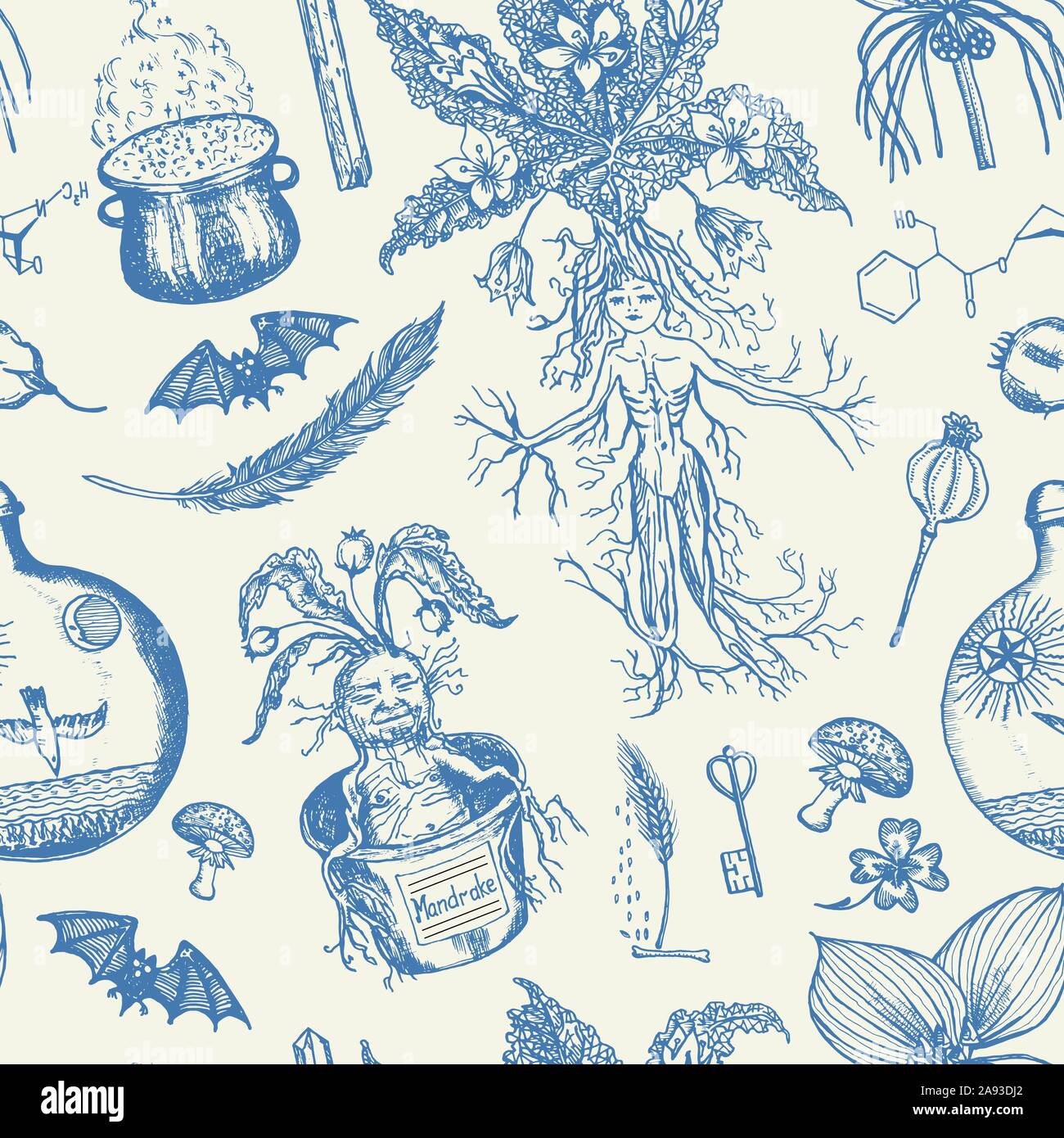 Mythical Mandrake Plant Seamless Pattern In Vintage Style Fantasy