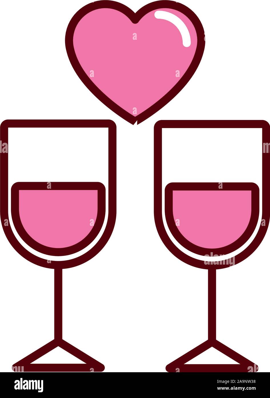 Celebrating Glass Cups Heart Romantic Passion Love Flat Line Vector