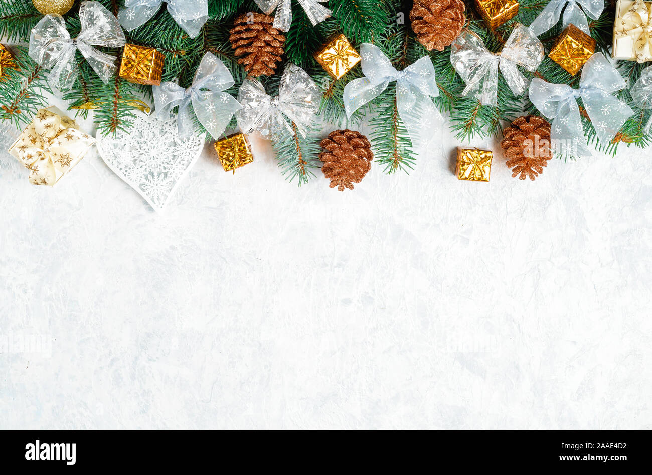 Christmas Border Tree Branches With Golden Baubles Stars Snowflakes