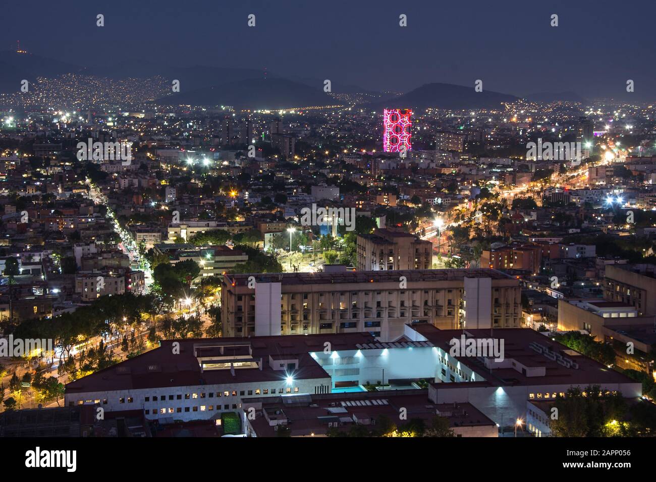 Panoramic View Of Mexico City Downtown Skyscrappers At Sunset Time