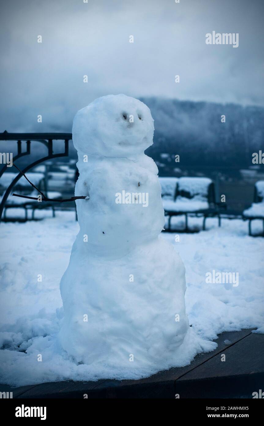 Real Snow Man In Mountains Foggy Winter Day Smiling Snow Man Stock