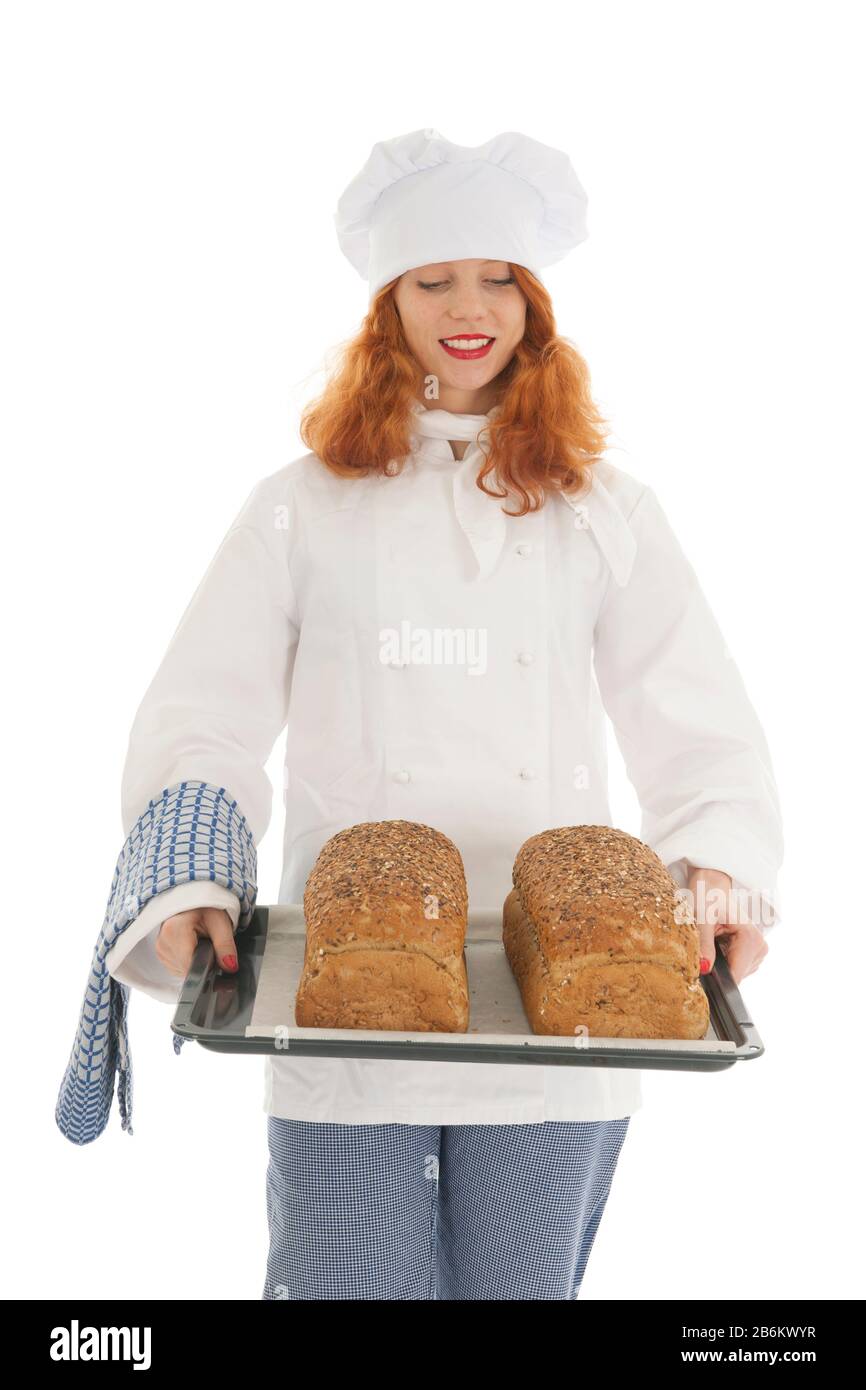 Female Baker Chef With Red Hair And Baked Bread Isolated Over White