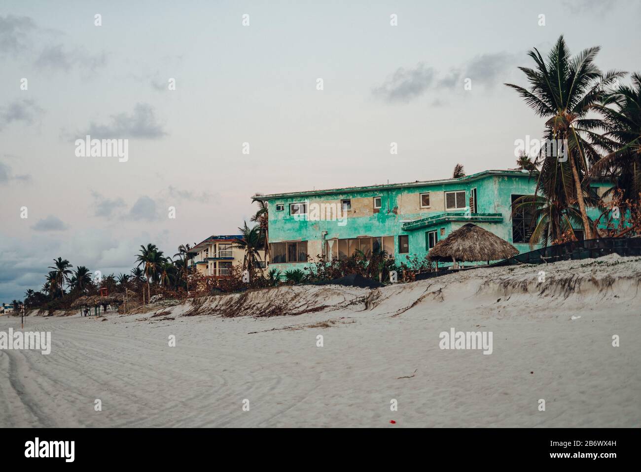 Abandoned Turquoise House On The Beach Of Varadero At Sunset Stock