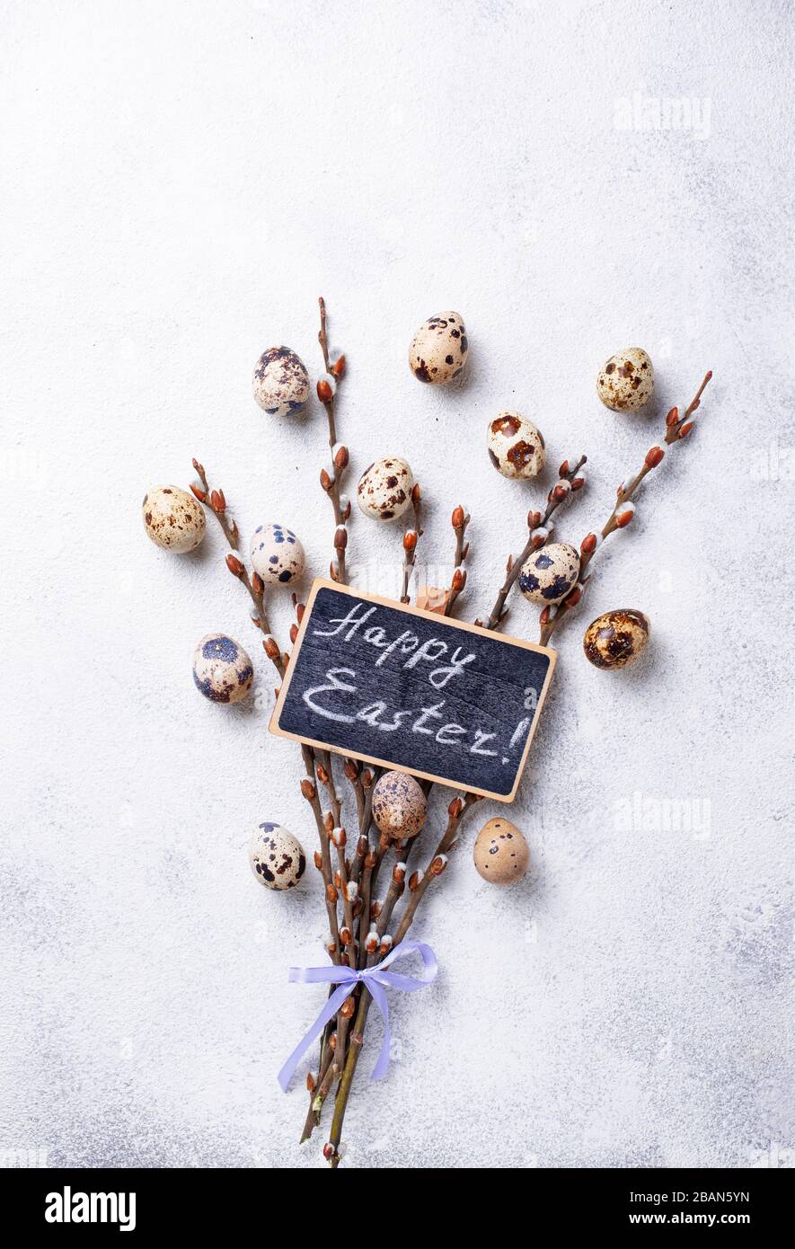 Easter Background With Quail Eggs And Pussy Willow Stock Photo Alamy