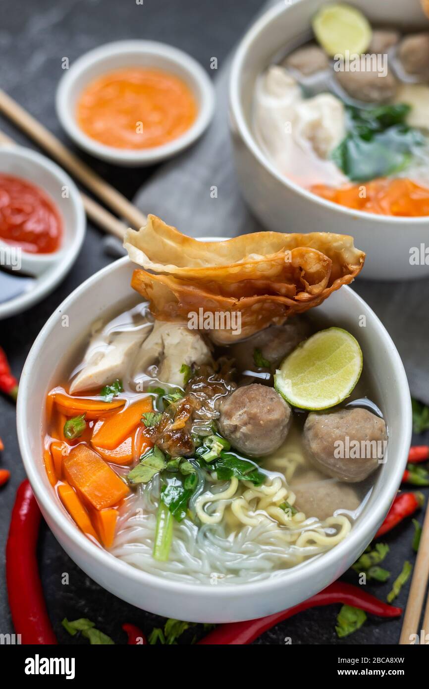 Indonesian Famous Food Street Bakso Or Meatballs Served With Noodles