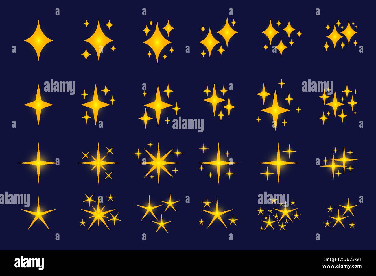 Set Of Gold Sparkles Icons Yellow Symbols Stars With Glowing Light