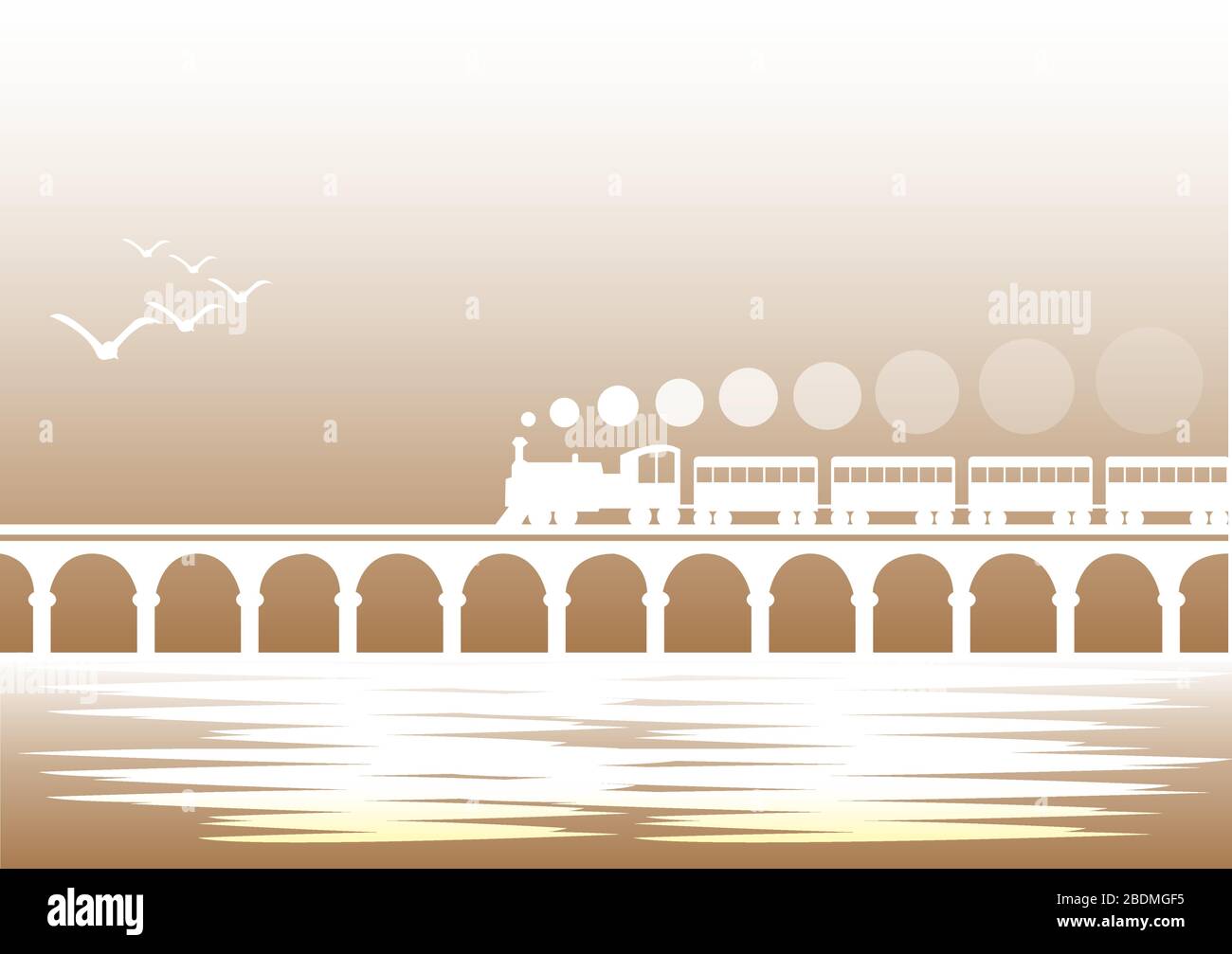 Vector Illustration Of A Train Travelling Over A Bridge Stock Vector