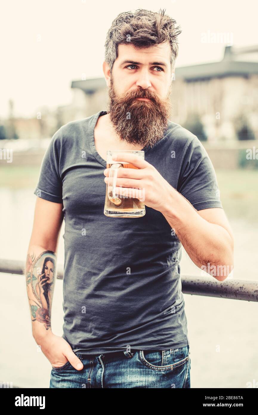 Bearded Man With Beer Glass Outdoor Weekend Relax Brutal Male Needs