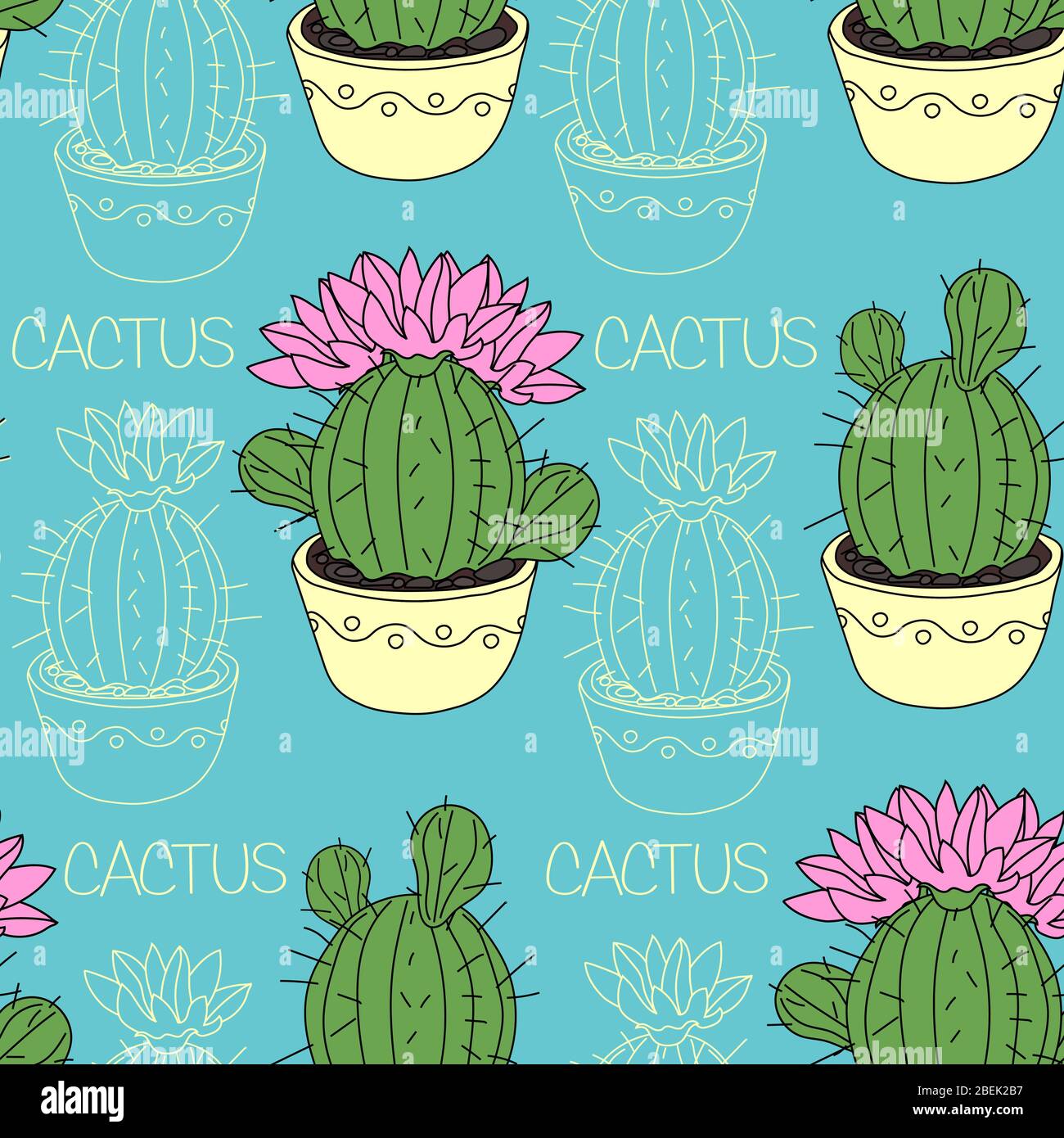 Seamless Pattern With Cactus And Succulents In The Pots Hand Drawn