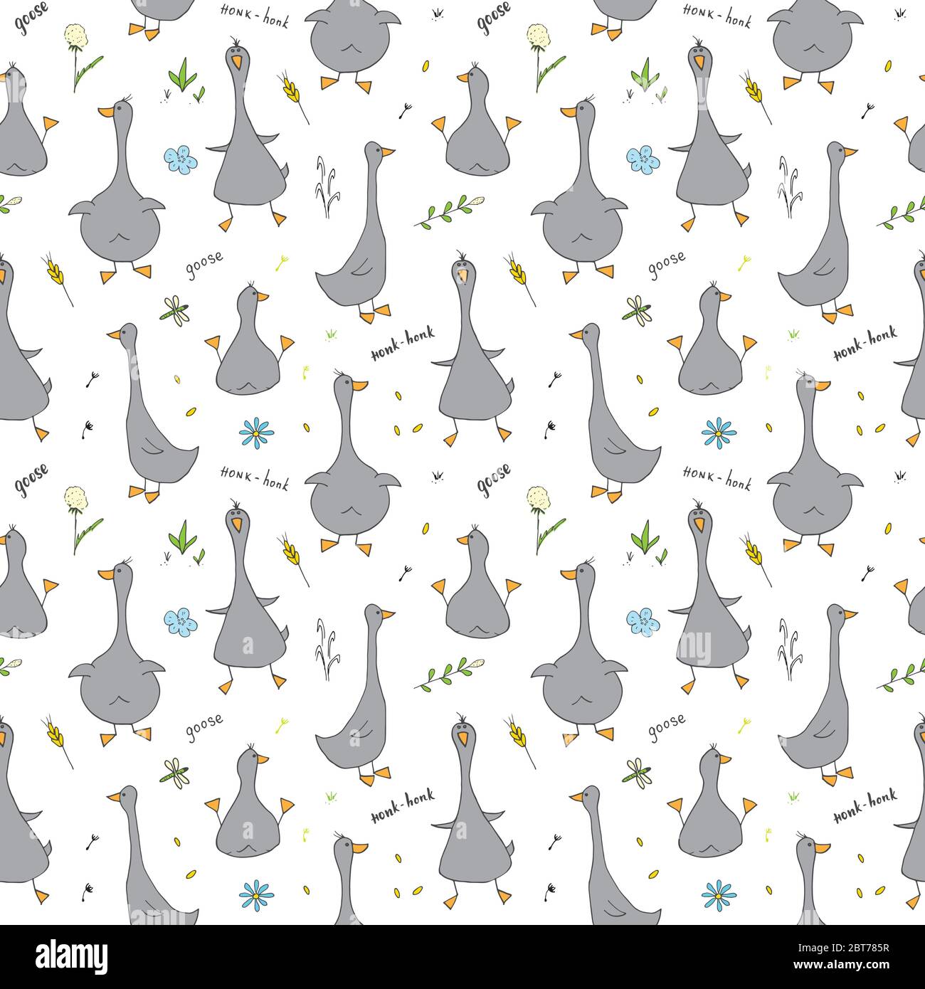 Cute Goose Seamless Pattern Cartoon Hand Drawn Goose Doodles Vector