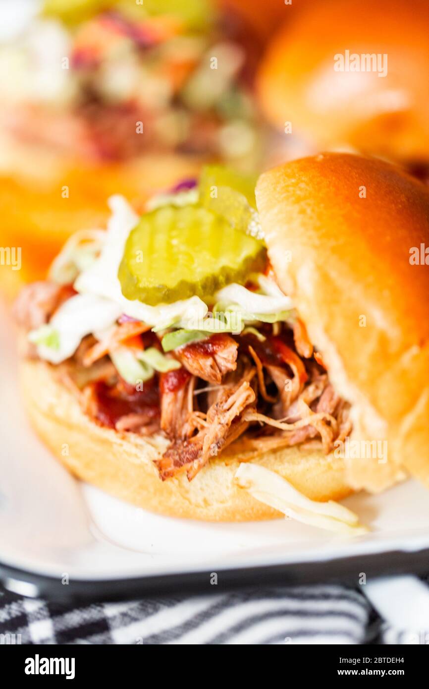 Bbq Pulled Pork Sandwich With Coleslaw On Brioche Buns Stock Photo Alamy