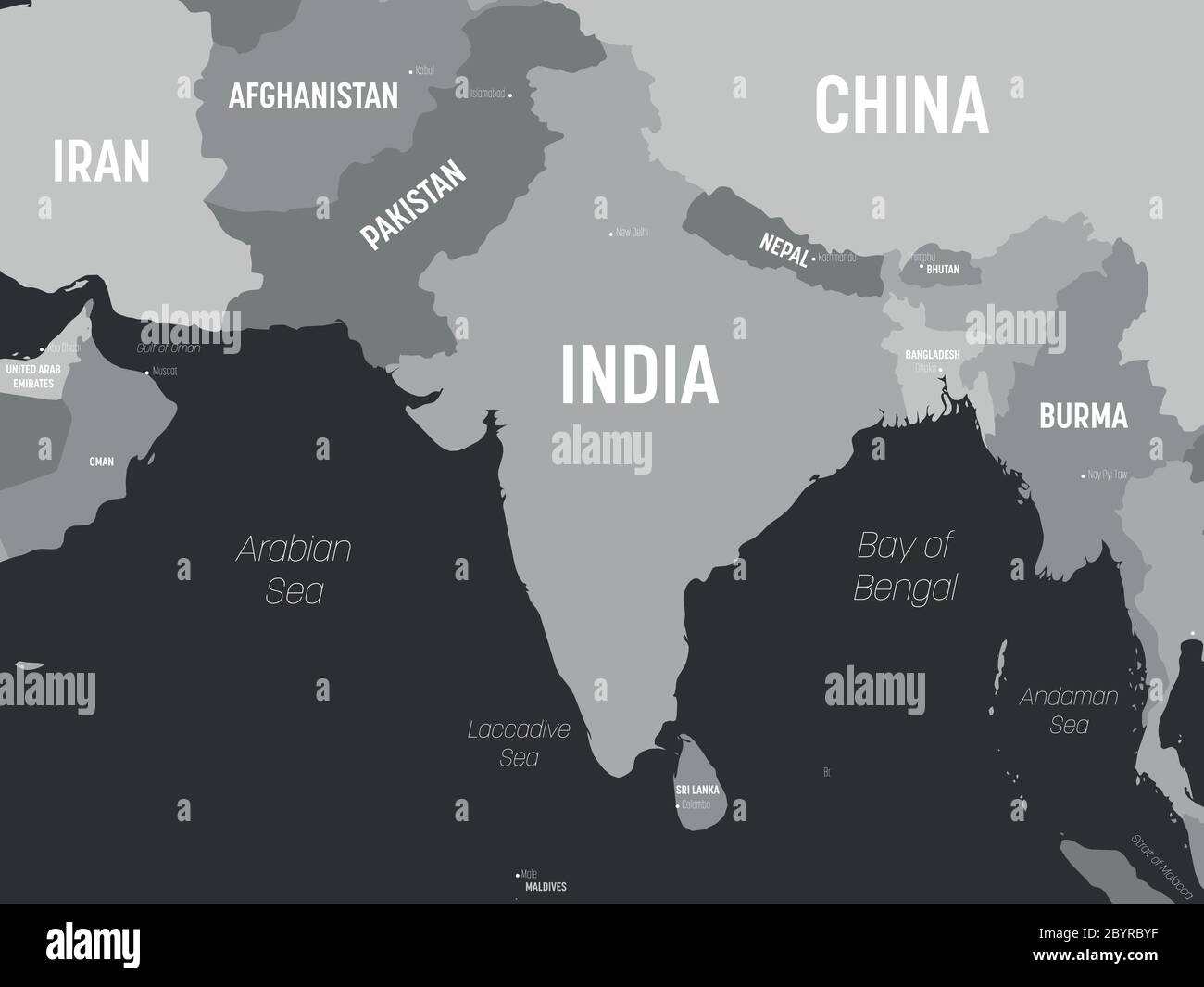 South Asia Map Grey Colored On Dark Background High Detailed