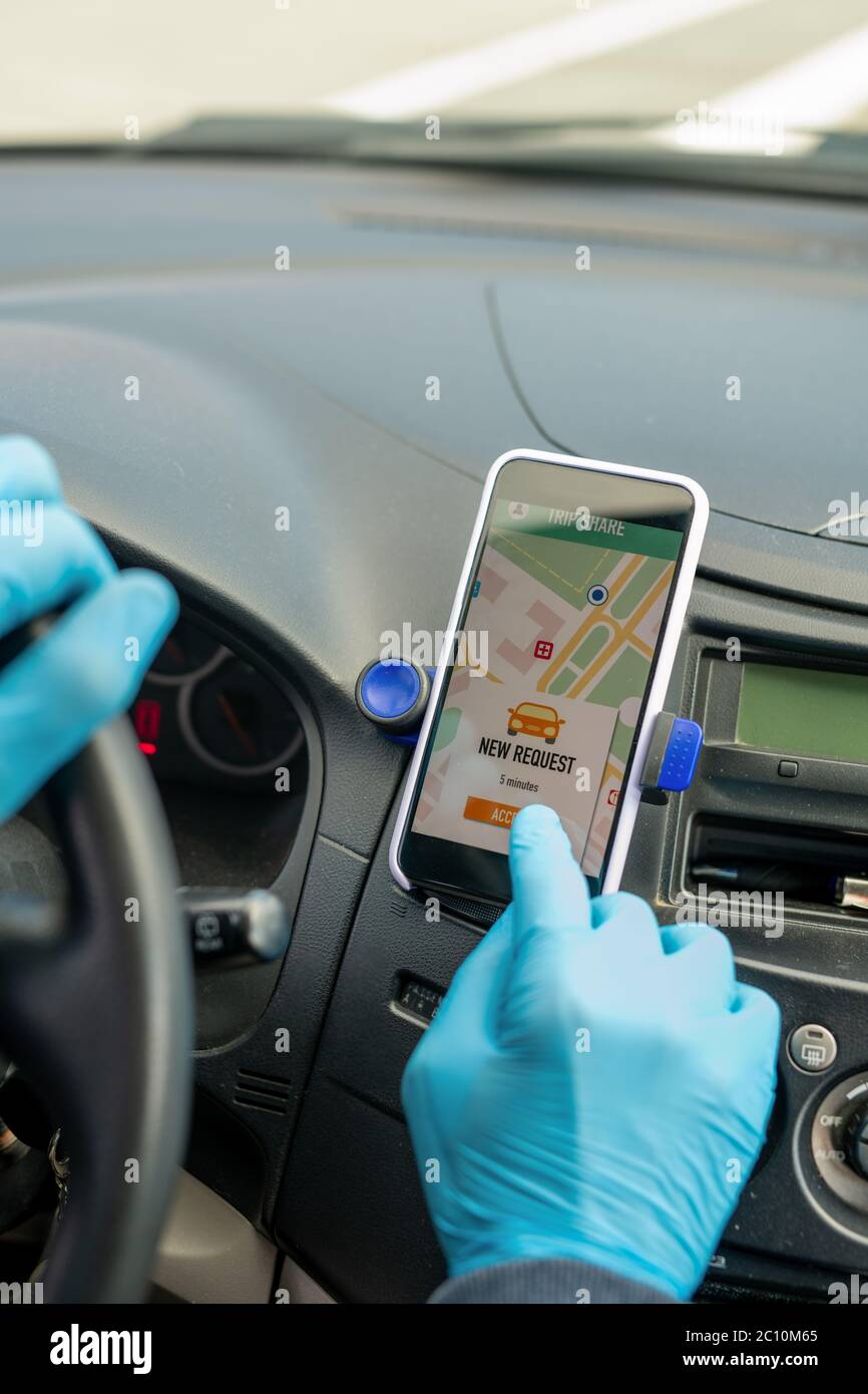 Close Up Of Unrecognizable Taxi Driver In Latex Gloves Pushing Button