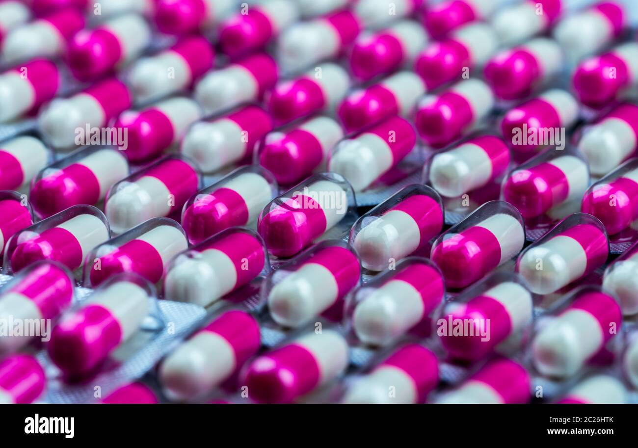 Closeup Pink White Antibiotics Capsule Pills In Blister Pack