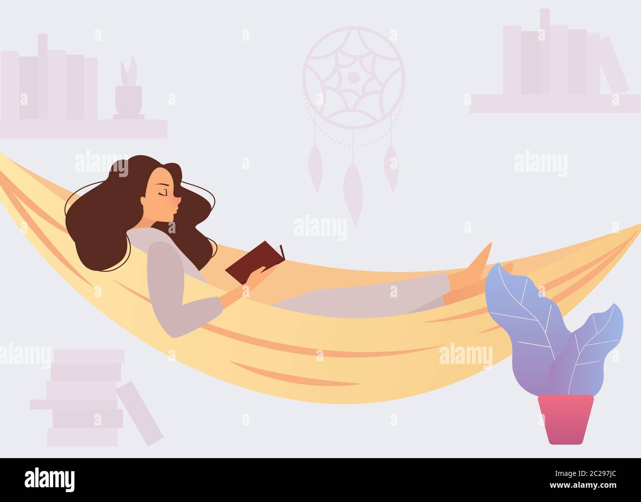 Woman Lying In A Hammock And Reading A Book Relax At Home Stock Vector