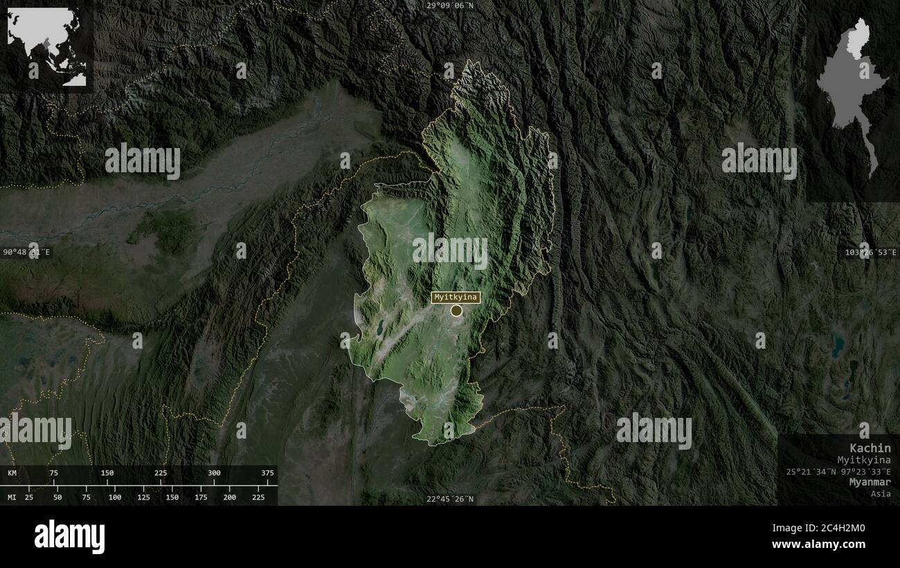 Kachin State Of Myanmar Satellite Imagery Shape Presented Against