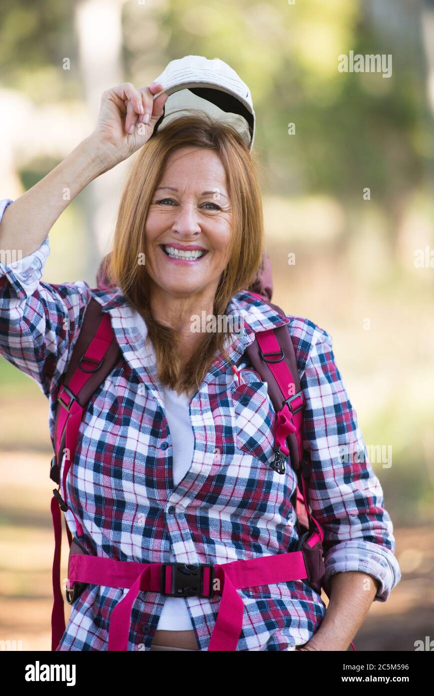 Portrait Active Attractive Mature Woman Hiking Happy And Joyful With