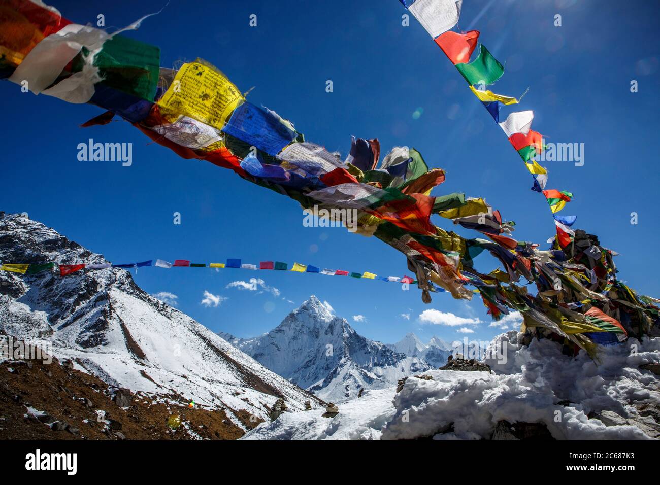 Prayer Flags In Front Of Ama Dablam S Peak On The Trail To Mt Everest