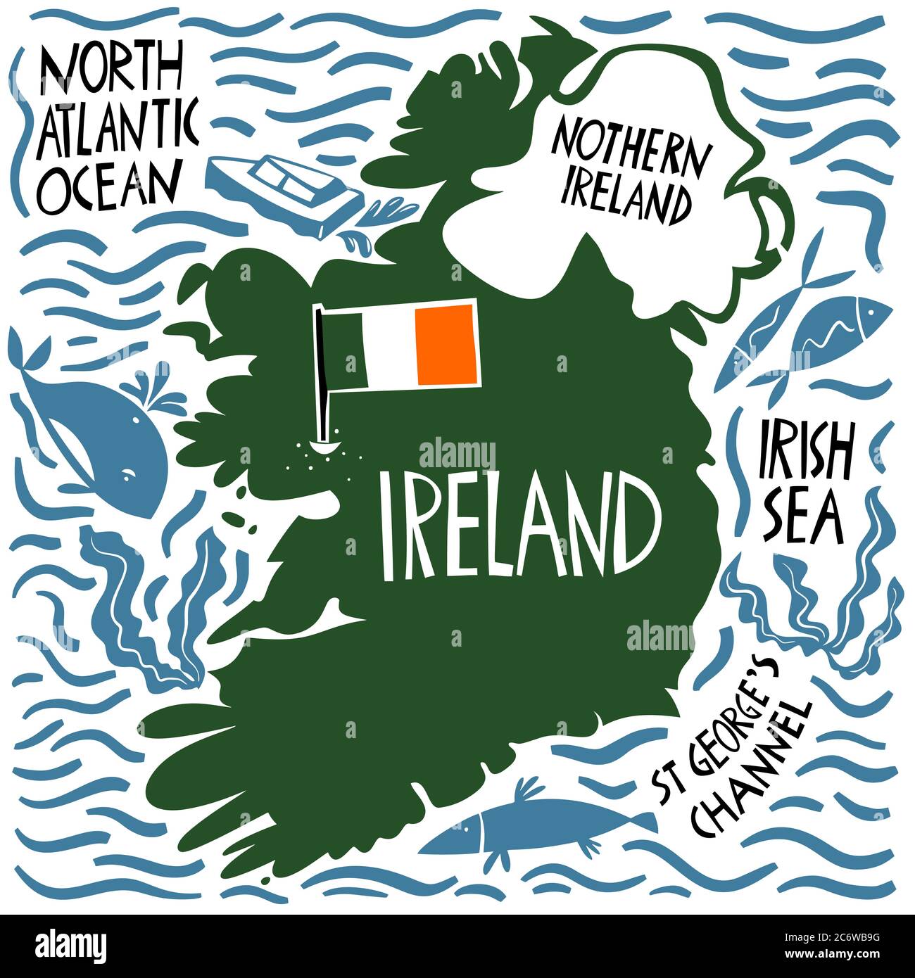 Vector Hand Drawn Stylized Map Of Ireland Travel Illustration Of