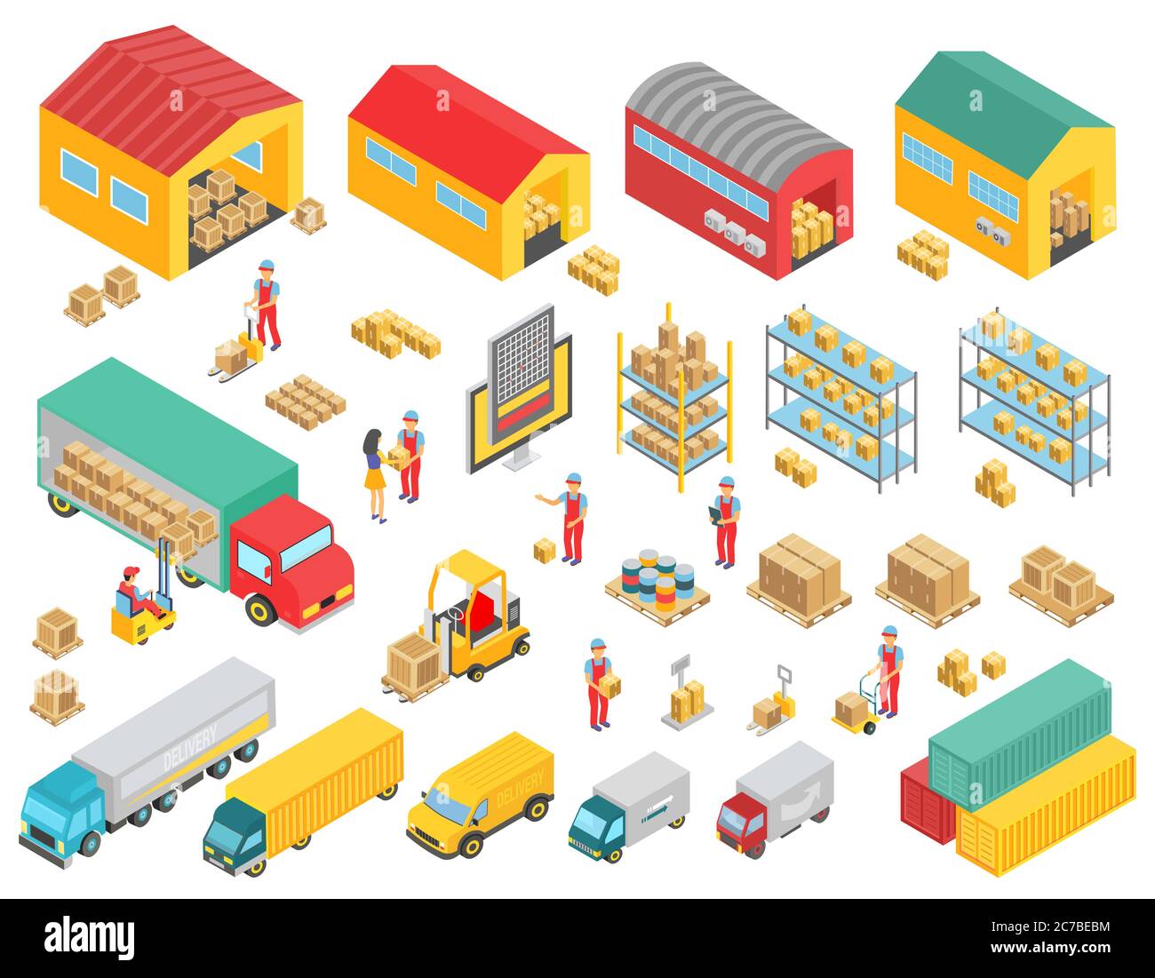 Logistics Isometric Icons Set With Cargo Trucks Buoldings Warehouses