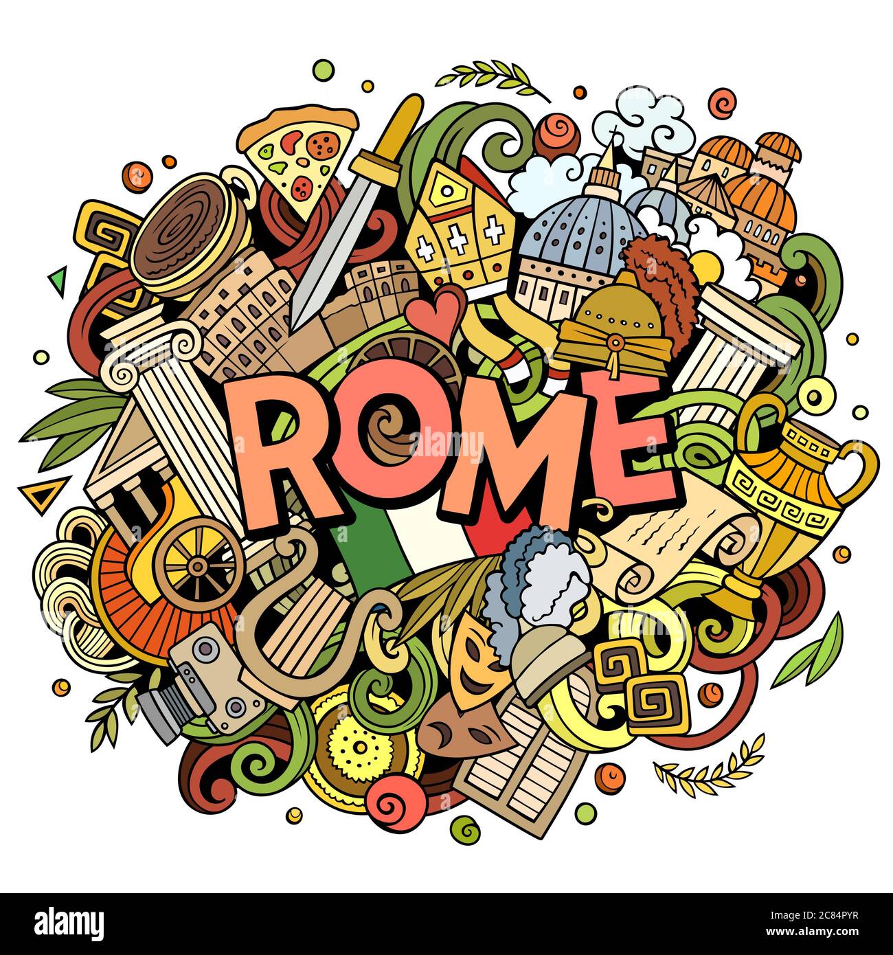 Rome Hand Drawn Cartoon Doodles Illustration Funny Travel Design Stock