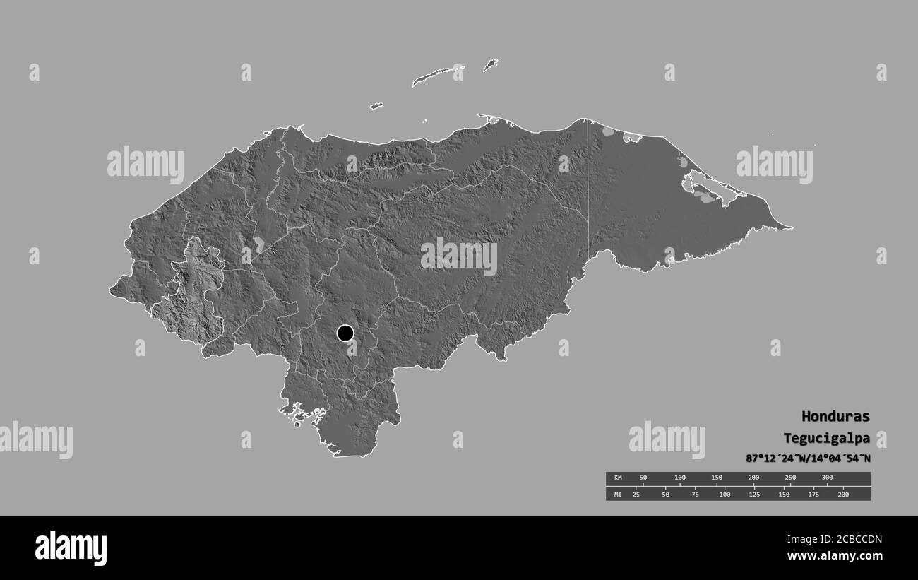 Desaturated Shape Of Honduras With Its Capital Main Regional Division