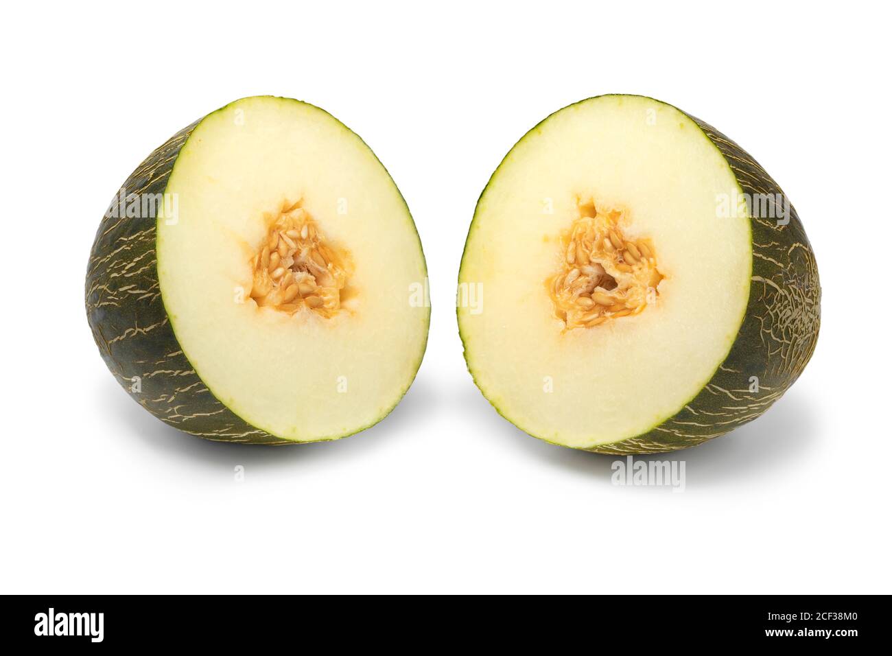 Fresh Halved Sweet Ripe Piel De Sapo Melon Close Up Isolated On White