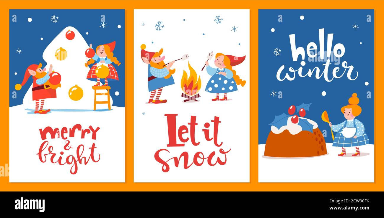 Set Of Three Cartoon Christmas Hygge Cards With Funny Gnomes And