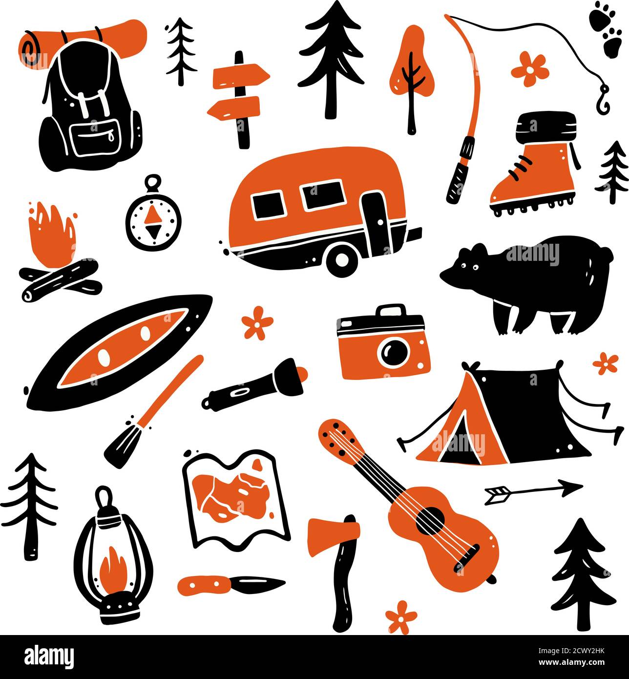 Set Of Hand Drawn Tourism And Camping Equipment Doodle Style