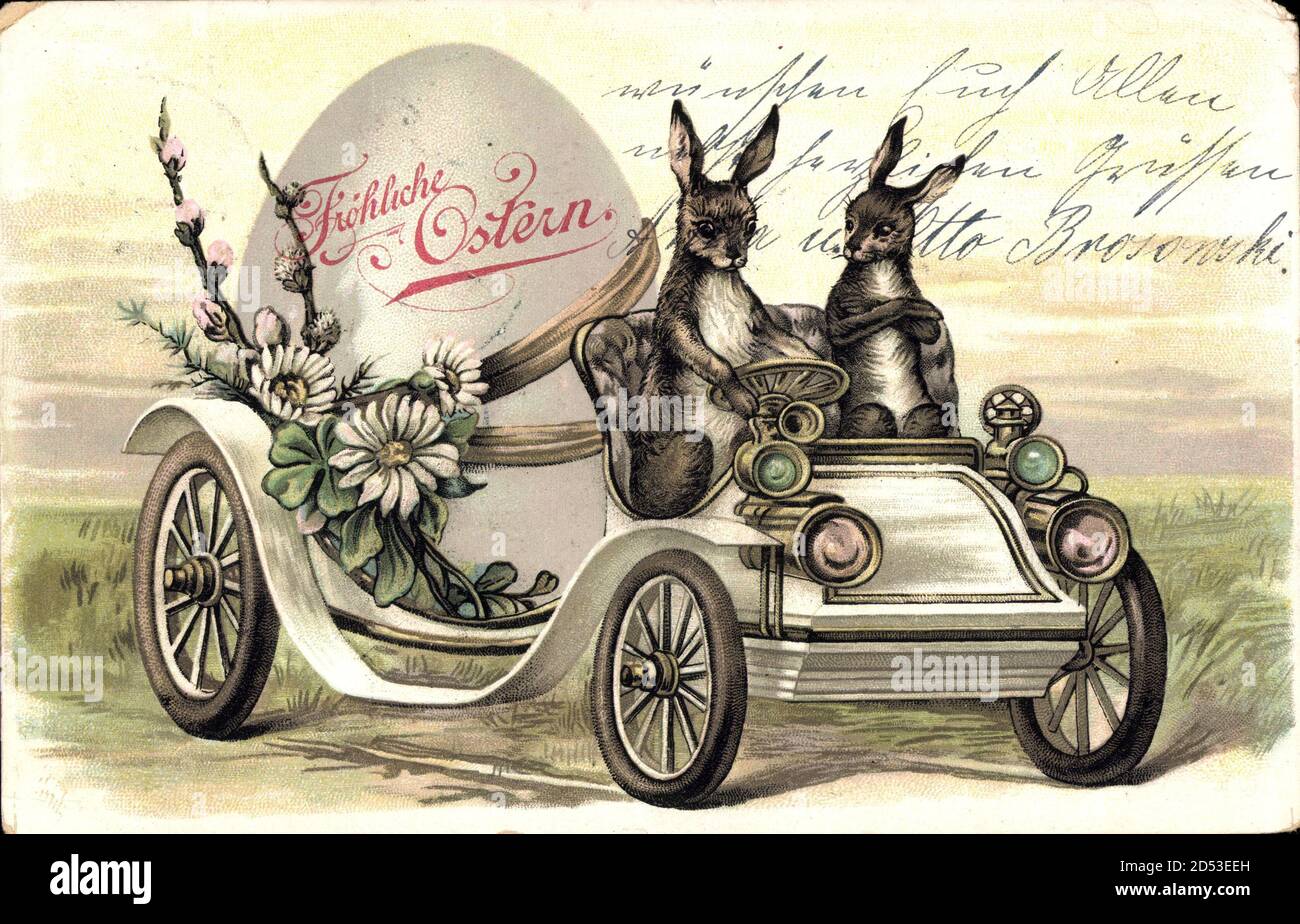 Glückwunsch Ostern Zwei Osterhasen im Auto Osterei usage worldwide