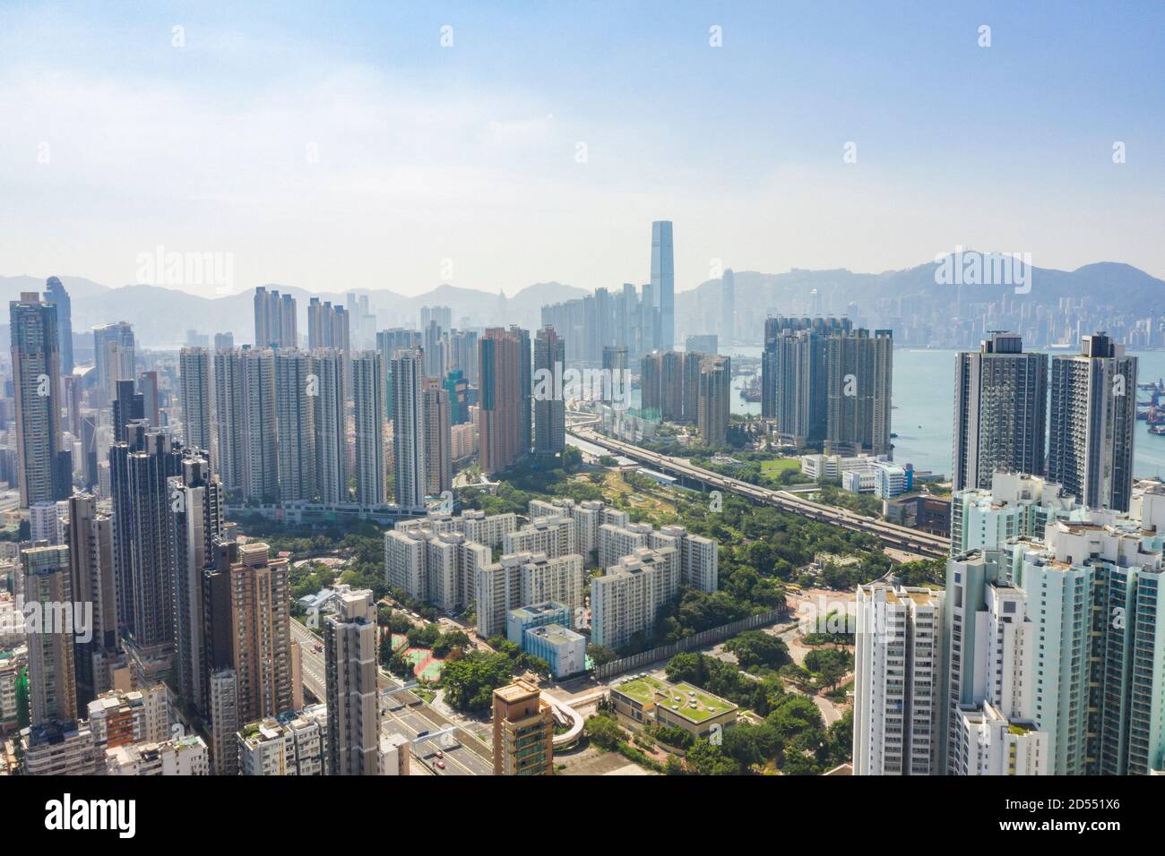 Aerial View Overlooking Mong Kok Towards TST And Hong Kong Island On A