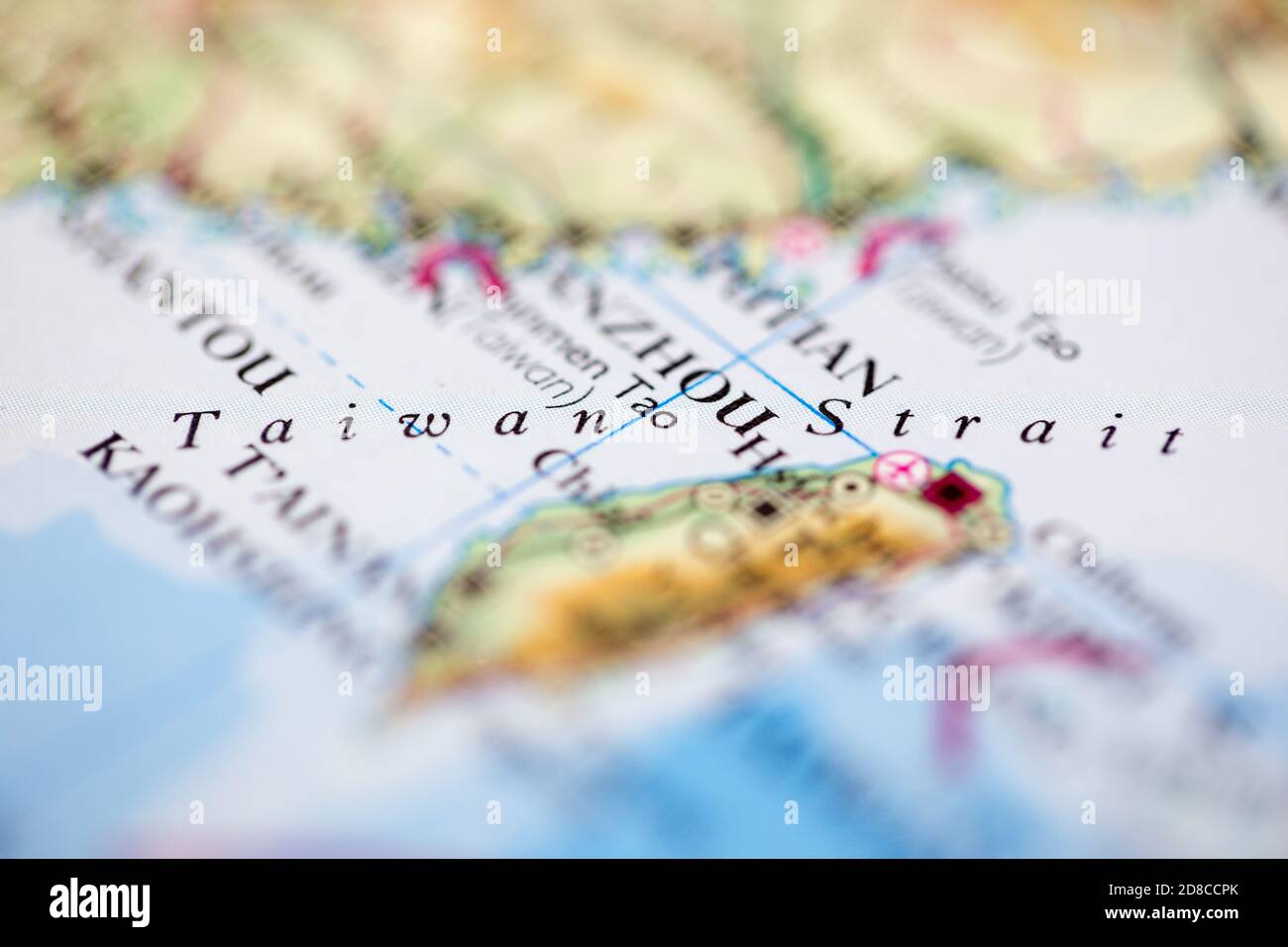 Shallow Depth Of Field Focus On Geographical Map Location Of Straits Of