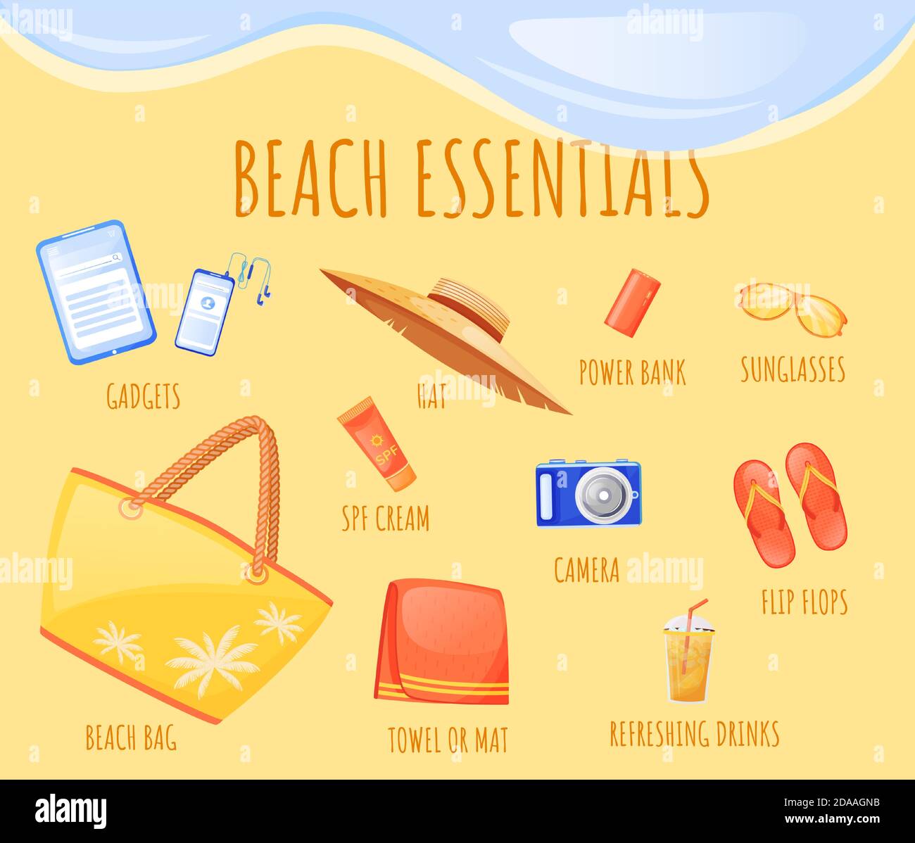 Beach Essentials Flat Color Vector Informational Infographic Template