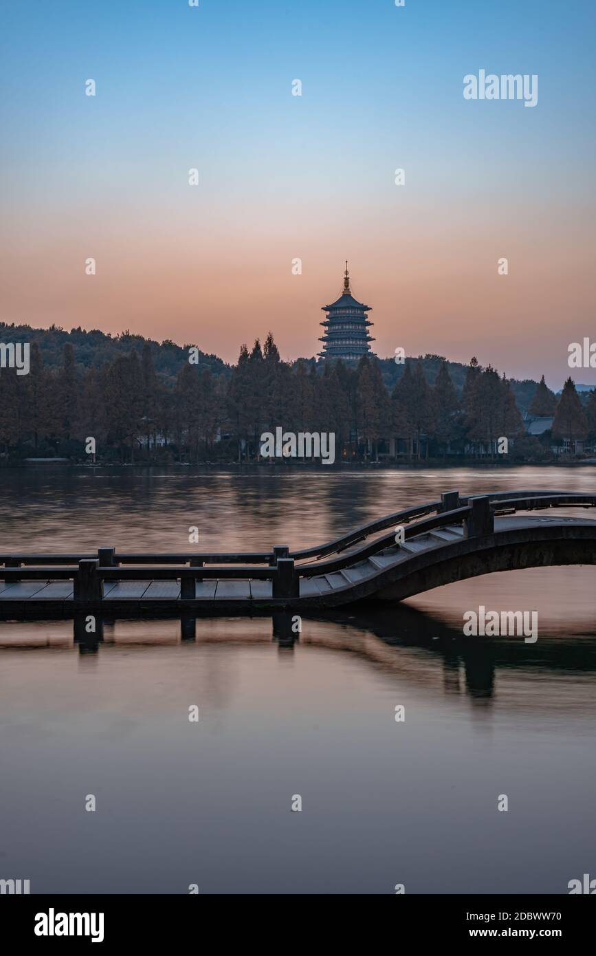 Sunset View Of The Chinese Architecture At The West Lake In Hangzhou