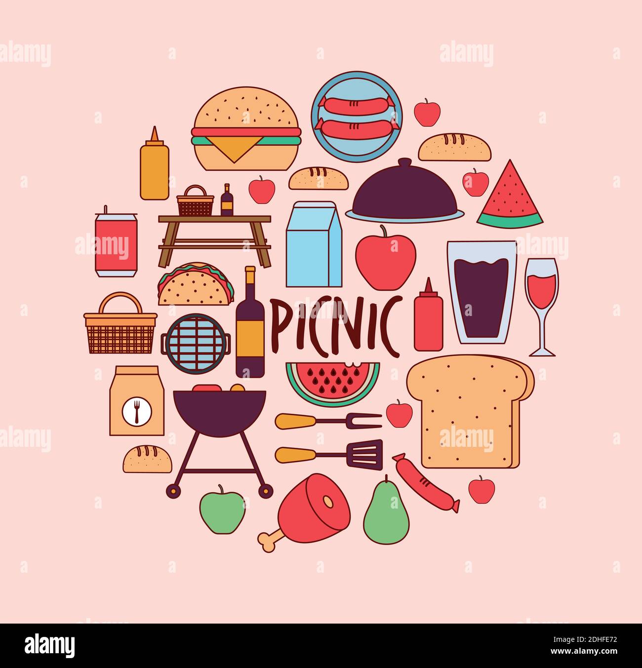 Set Of Picnic Icons And Picnic Lettering On A Pink Background Stock