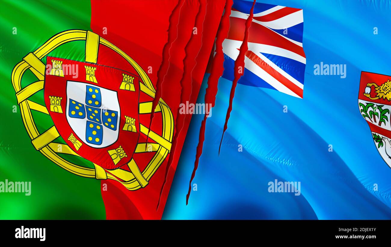 Portugal And Fiji Flags With Scar Concept Waving Flag 3D Rendering