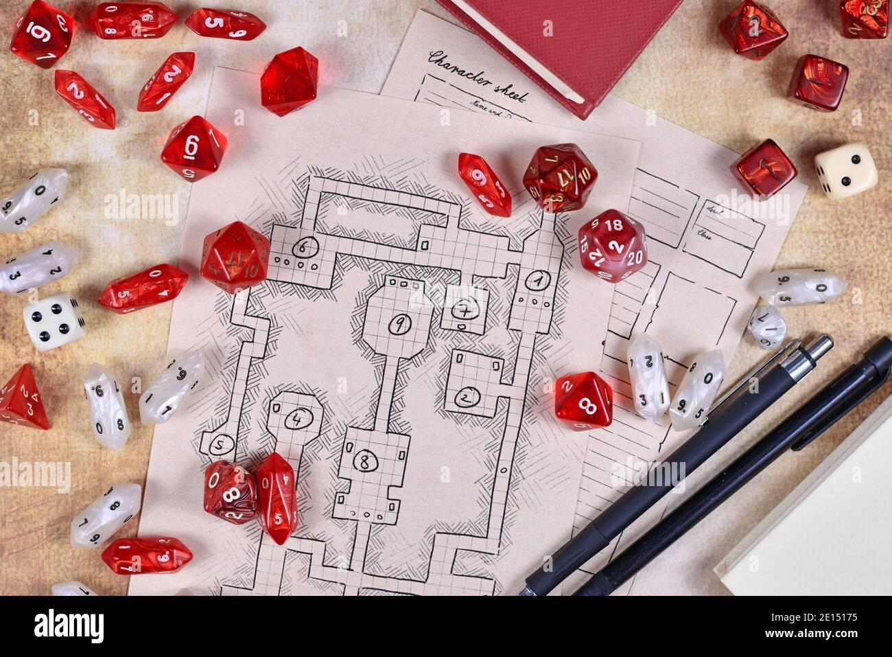 Roleplaying Game Dices On Hand Drawn Dungeon Adventure Map Concept For Table Top Role Playing