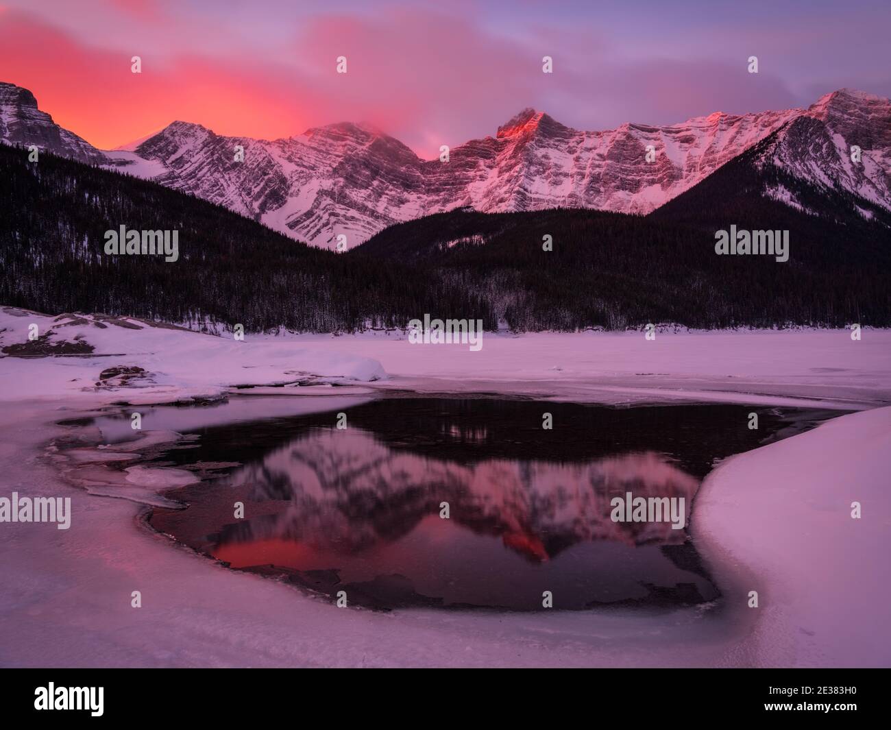 Red Sky Reflection Of Mountains Upper Kananaskis Lake Alberta Canada