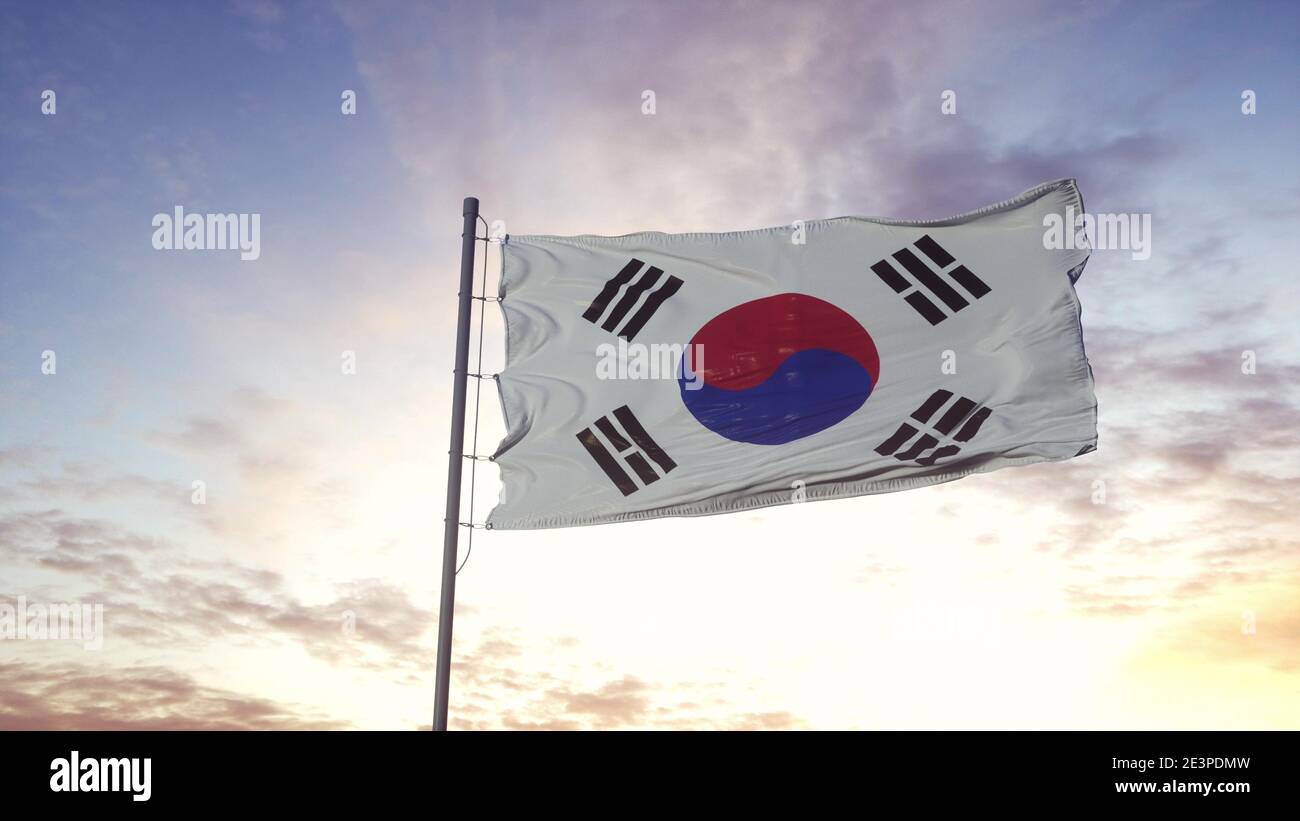 South Korea Flag Waving In The Wind Dramatic Sky Background D