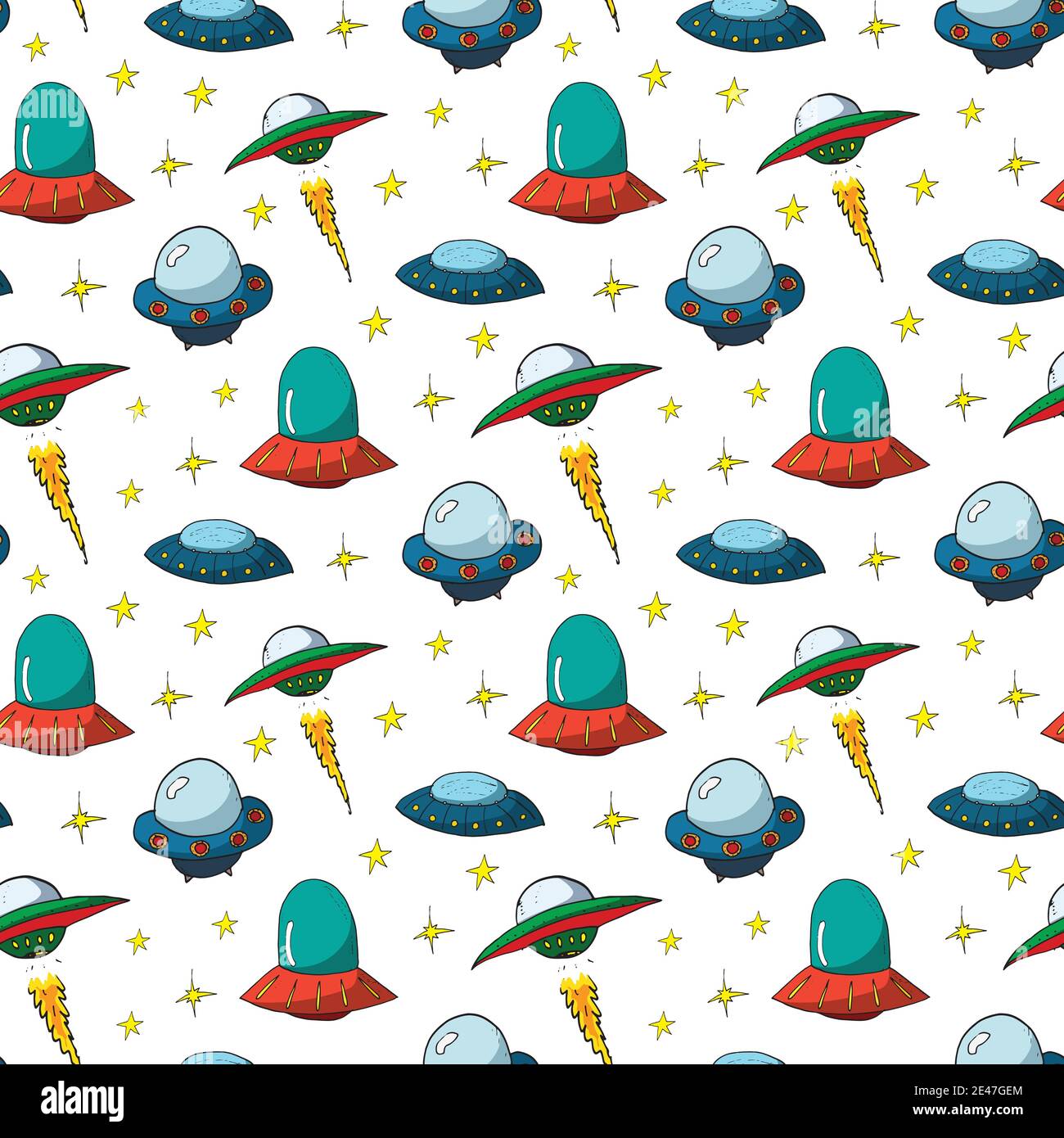 Ufo And Aliens Seamless Pattern Cute Doodles Space Ships Sketch Hand