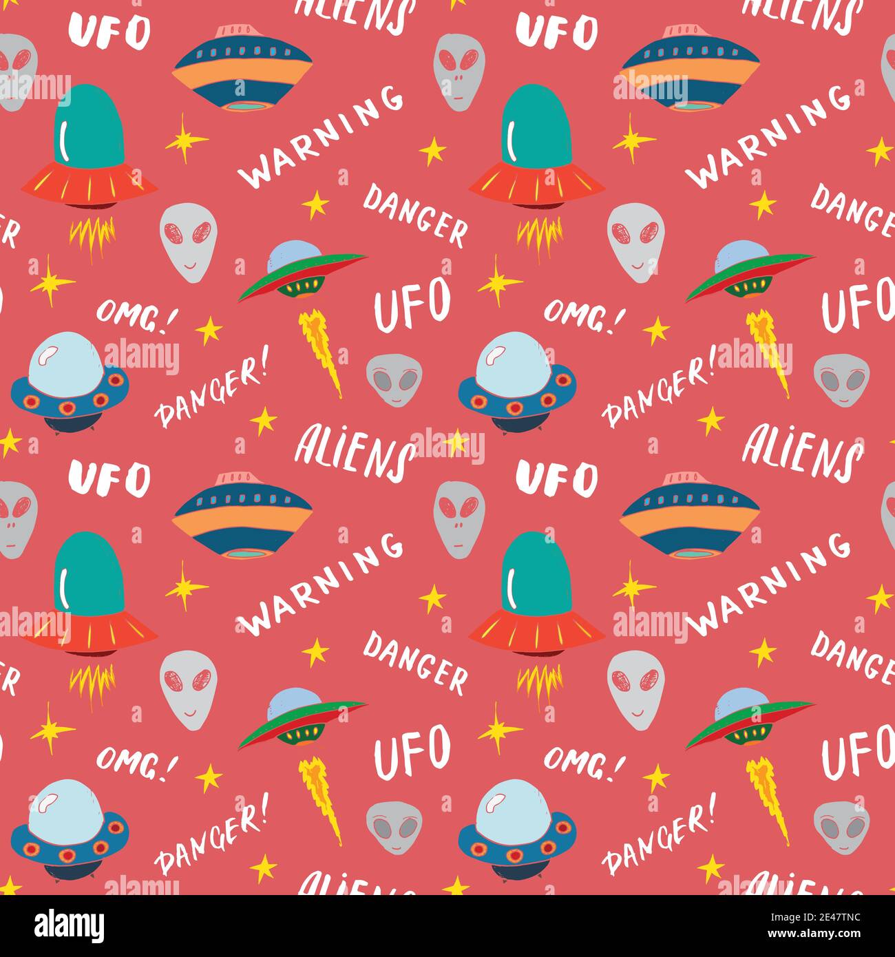 Ufo And Aliens Seamless Pattern Cute Doodles Space Ships Sketch Hand