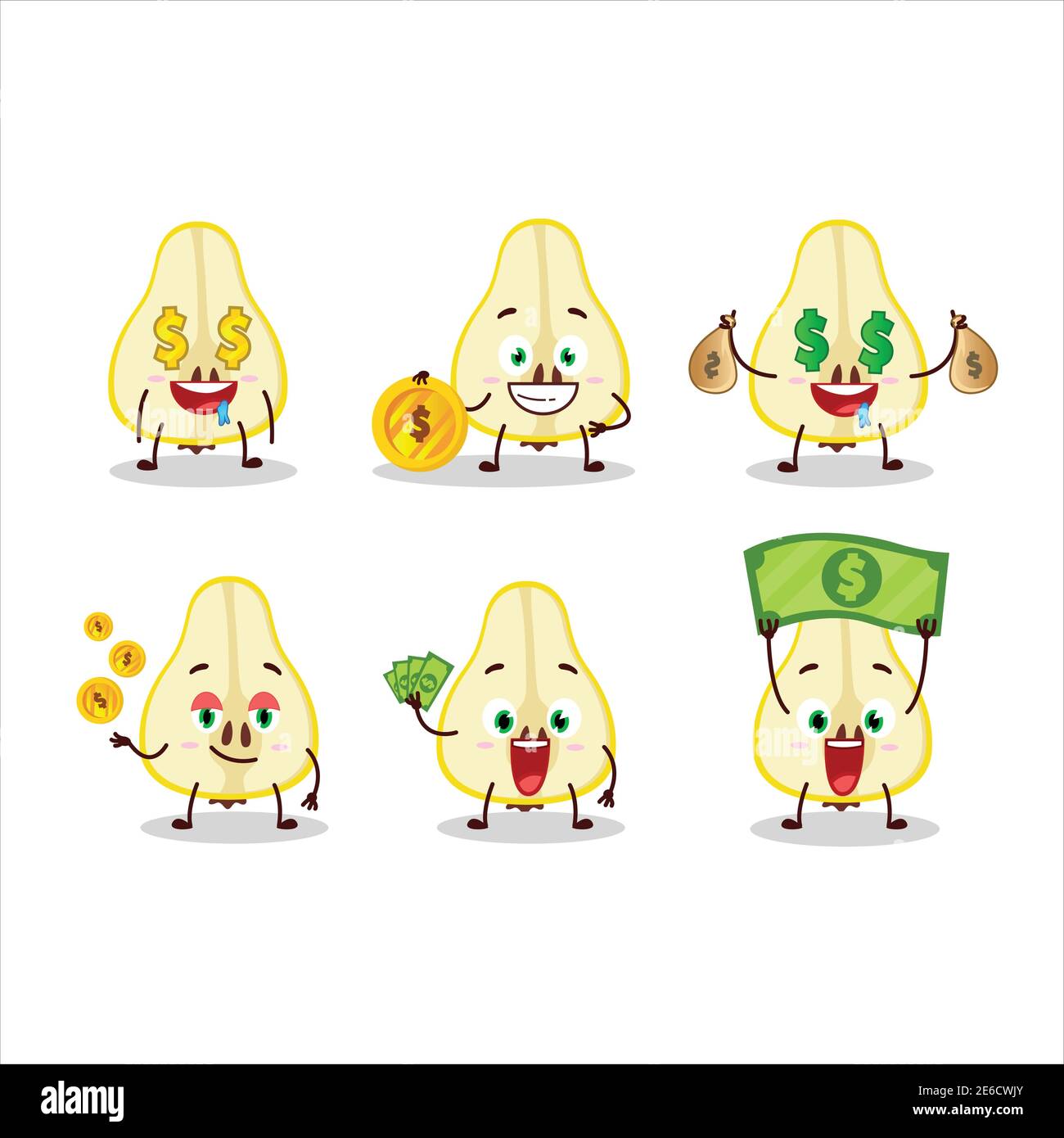 Slash Of Yellow Pear Cartoon Character With Cute Emoticon Bring Money