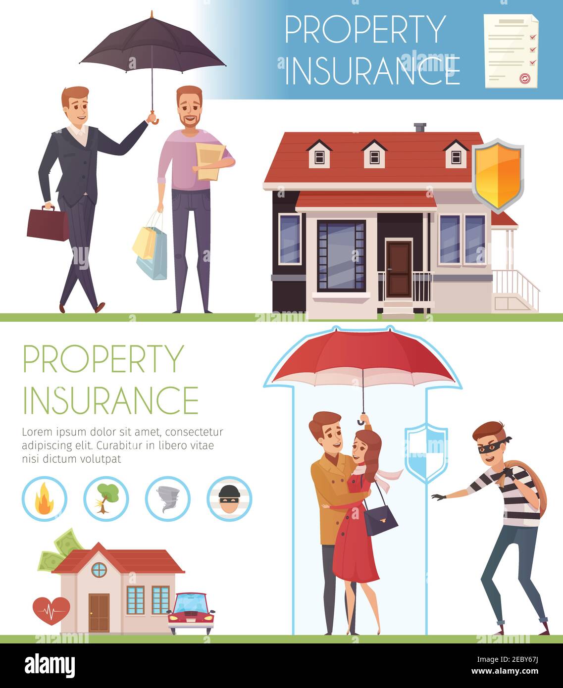 Property Insurance Horizontal Banners With People Under Umbrella As