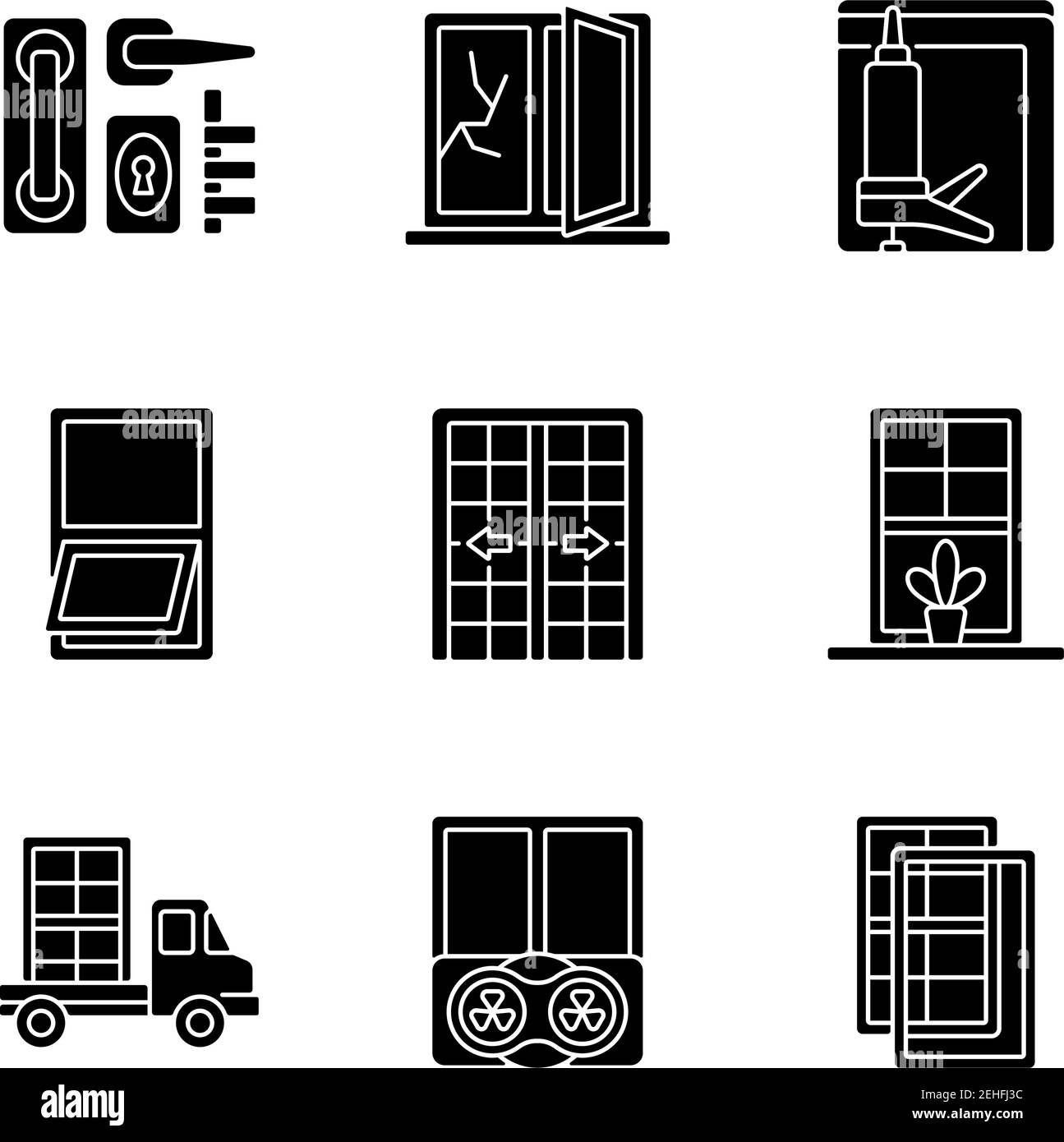 Window And Door Installations Black Glyph Icons Set On White Space