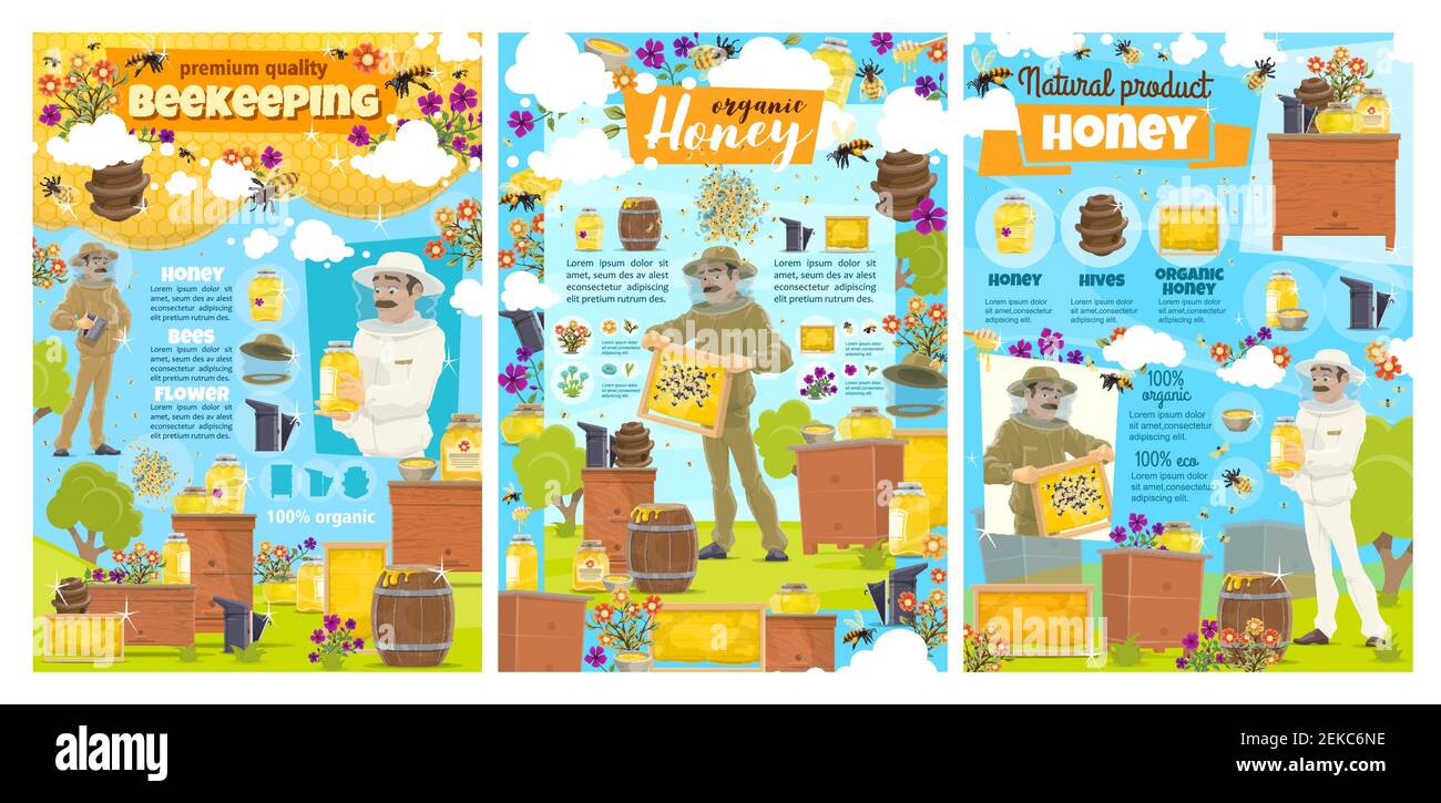 Beekeeping Apiary Farm And Natural Honey Food Production Posters With