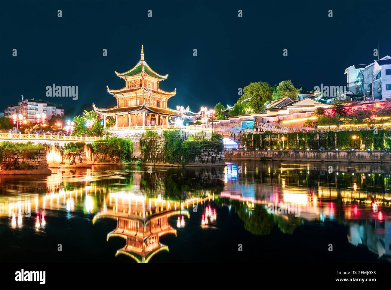 Guiyang China Skyline At Jiaxiu Pavilion On The Nanming River Stock